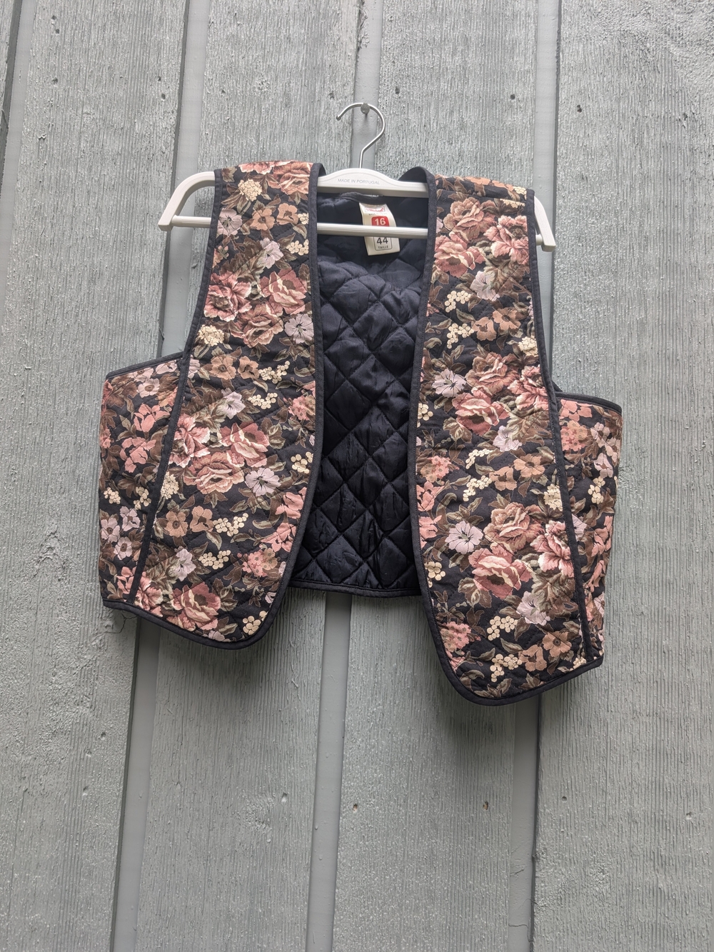 Quilted Floral Vest - Black with Pink Rose Print